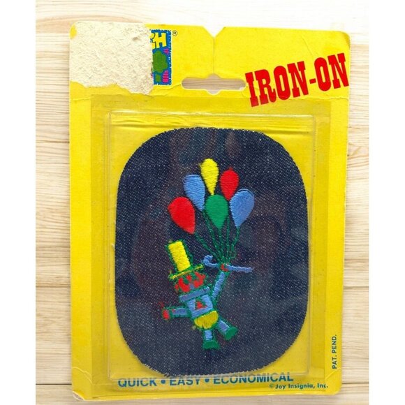 Vintage 80s Joy Insignia Iron On Denim Patch Robot Clown with Balloons - Picture 1 of 6